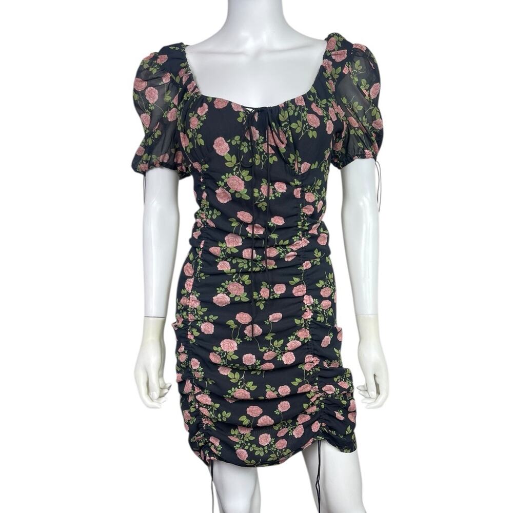 For Love & Lemons Womens M Black Biscotti Silk Floral Ruched Bows Mini Dress EUC